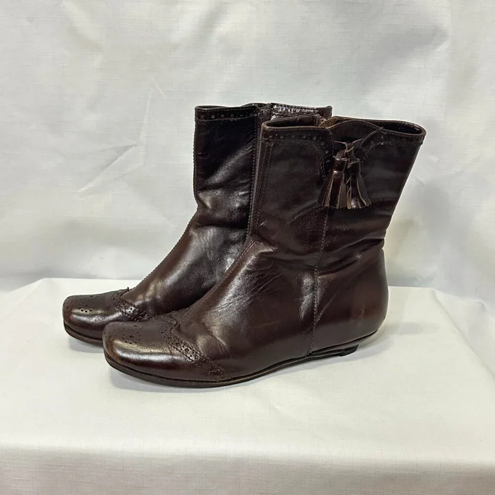 Febo Vintage Argentine Brown Leather Wingtip Ankle Boots -Tassel Detail Size 6.5